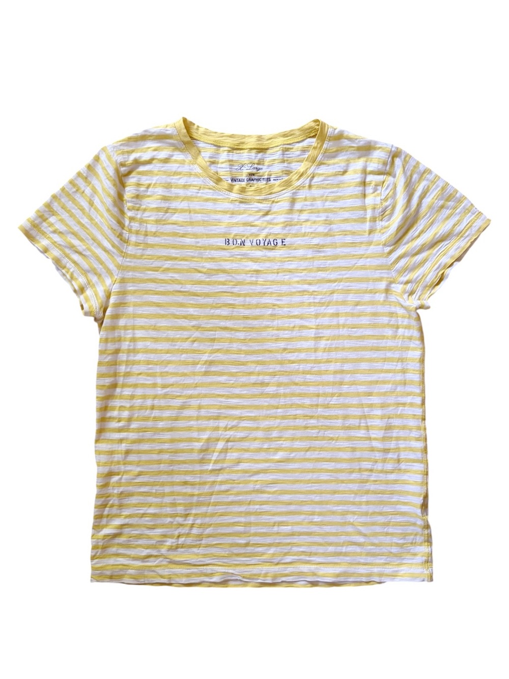 J. Crew Yellow & White Striped “Bon Voyage” Vintage Graphic Tee, sz XL